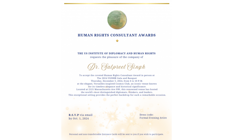 USIDHR Selects Sikh American Dr. Satpreet Singh for Distinguished Human Rights Consultant Award