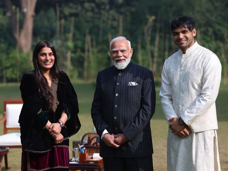 PM Modi welcomes javelin star Neeraj Chopra and wife Himani at his home